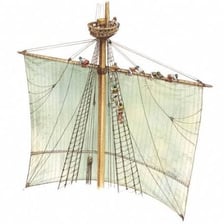 A sailing ship with its sails pushed back toward the masts by a change in wind.