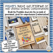 A civics classroom display featuring the United States Constitution.