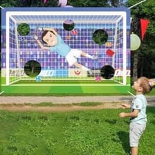 A goalkeeper guarding a soccer goal.