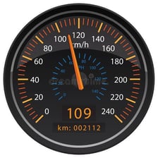 A car speedometer displaying speed in kilometers per hour.