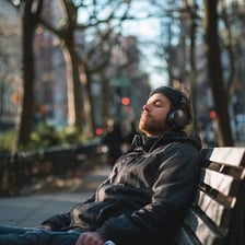 A person smiling while listening to music through headphones