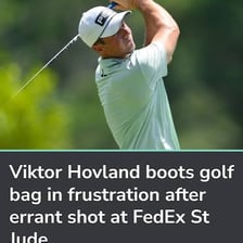 A frustrated golfer stands ready to hit a ball from a tee.
