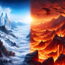 A split conceptual illustration showing fiery hell imagery beside powerful floodwater.