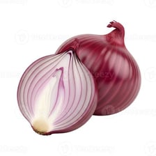 A whole onion beside a halved onion showing its layered bulb.