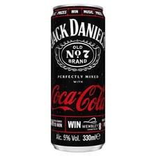 A glass of Jack and Coke beside bottles of Jack Daniel’s and Coca-Cola