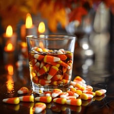 A striped candy cane beside pieces of candy corn.