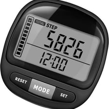 A digital pedometer displaying a count of walking steps