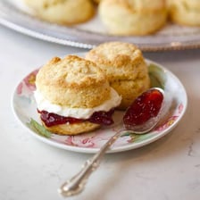A scone served with jam and clotted cream at afternoon tea.