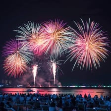 A New Year’s Eve celebration with fireworks at midnight.