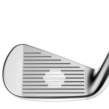 The grooved faces of several golf irons.