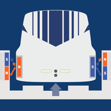 A maglev train shown suspended above its guideway by magnetic forces.