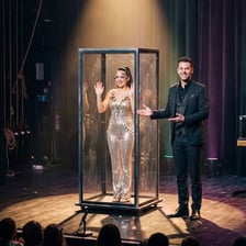 A curtain being pulled aside to reveal an object behind it