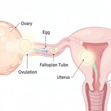 Medical illustration showing egg cells moving through a fallopian tube
