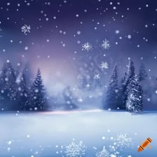 Snowflakes falling over a winter landscape.