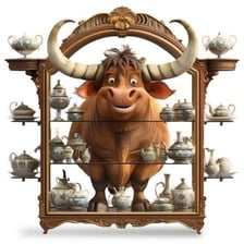 A cartoon bull moving among fragile china in a shop.