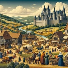 A medieval estate with a castle and surrounding farmland