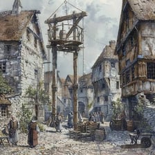 A depiction of a village from an earlier era.