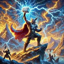Artwork depicting Thor holding his hammer amid lightning