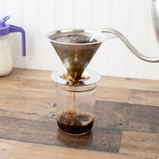 Hot water dripping through coffee grounds in a filter.