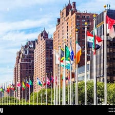 The United Nations headquarters with member-country flags