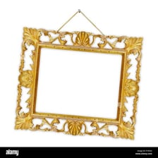 A picture frame hanging crooked on a wall.