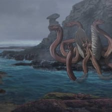 An artistic depiction of the mythological sea monster Scylla near the strait of Charybdis.