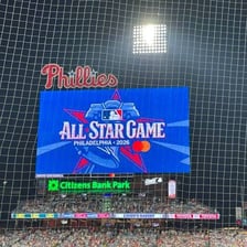 A baseball scoreboard displaying the Philadelphia Phillies abbreviation.