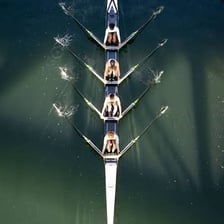 Rowers using oars to propel a racing shell.