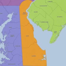 Map of Delaware divided into its three counties
