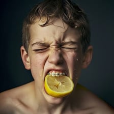 A person reacting to the sharp bitter taste of a lemon