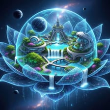 A serene idealized landscape representing a utopia