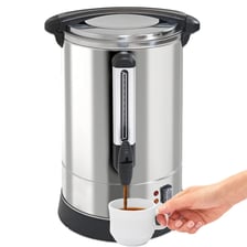 A large catering coffee urn with a spigot for serving hot coffee