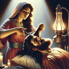 An artwork depicting Samson having his hair cut.