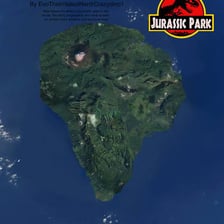 A tropical island landscape associated with Isla Nublar in Jurassic Park.
