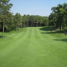 A golf course fairway with closely cut grass.