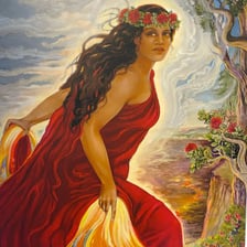 An artistic depiction of Pele, the Hawaiian volcano goddess, amid volcanic fire.