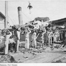 Workers loading bananas onto a boat at a tropical dock