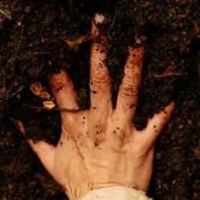 Hands covered with dark dirt and soil.