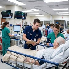 A doctor assessing a patient in a hospital emergency room