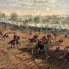Opposing armies engaged in a battlefield conflict