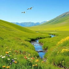 A broad green meadow in a natural landscape
