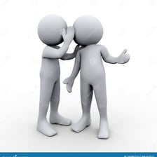 Two people whispering as one keeps information secret.
