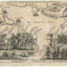 A historical illustration of colonists protesting the Tea Act by dumping tea.