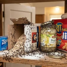 An ant crawling near food in a kitchen pantry.