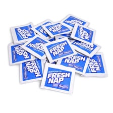 An individually wrapped moist towelette.