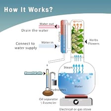 Educational diagram of an apparatus extracting essential oil by steam distillation.