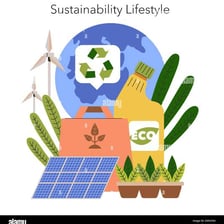 An illustration of environmentally friendly products and recycling symbols.