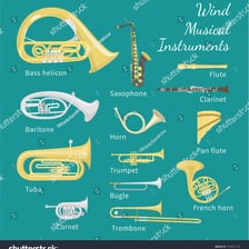 A group of brass and woodwind musical instruments.