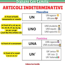 An Italian language lesson illustrating the feminine indefinite article una.