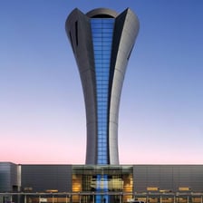 An airport air traffic control tower.